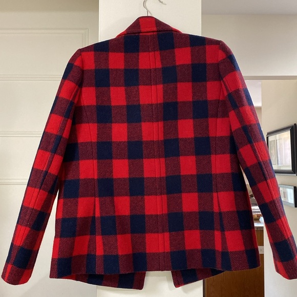 J. Crew 100% Wool Red & Navy Buffalo Check Plaid Pea Coat  Double Buttons Size 2 - Picture 4 of 14